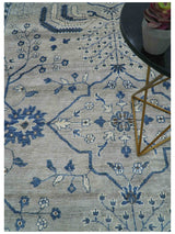 Traditional Oriental Gray And Blue Hand knotted Art Silk Area Rug