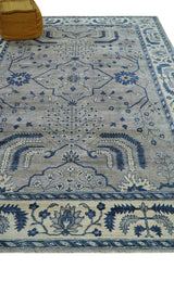 Traditional Oriental Gray And Blue Hand knotted Art Silk Area Rug