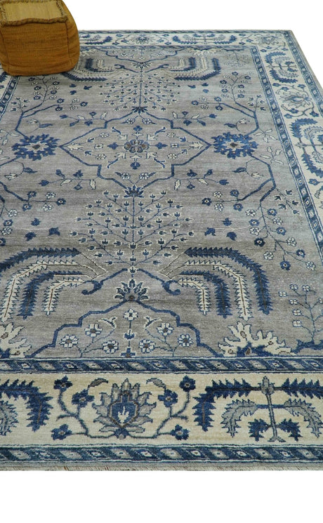 Traditional Oriental Gray And Blue Hand knotted Art Silk Area Rug