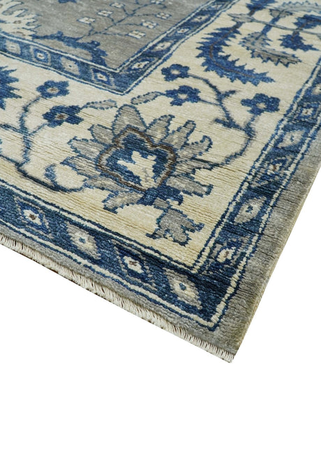 Traditional Oriental Gray And Blue Hand knotted Art Silk Area Rug