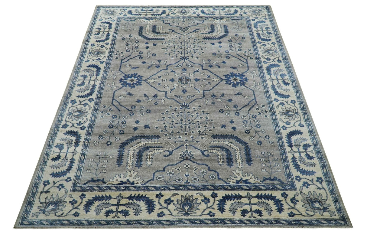Traditional Oriental Gray And Blue Hand knotted Art Silk Area Rug