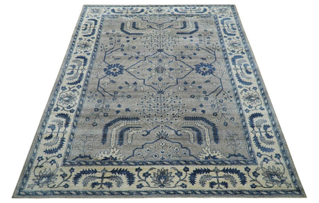 Traditional Oriental Gray And Blue Hand knotted Art Silk Area Rug