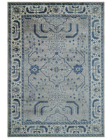 Traditional Oriental Gray And Blue Hand knotted Art Silk Area Rug