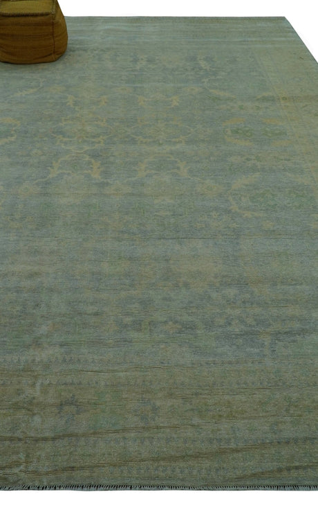 Traditional Oushak Beige And Blue 10x14 Hand Knotted Wool Area Rug