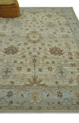Traditional Oushak Beige, Brown And Blue Hand Knotted Custom Made Wool rug