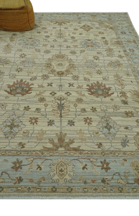 Traditional Oushak Beige, Brown And Blue Hand Knotted Custom Made Wool rug
