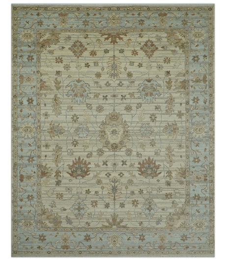 Traditional Oushak Beige, Brown And Blue Hand Knotted Custom Made Wool rug