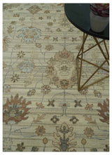 Traditional Oushak Beige, Brown And Blue Hand Knotted Custom Made Wool rug