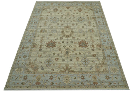 Traditional Oushak Beige, Brown And Blue Hand Knotted Custom Made Wool rug