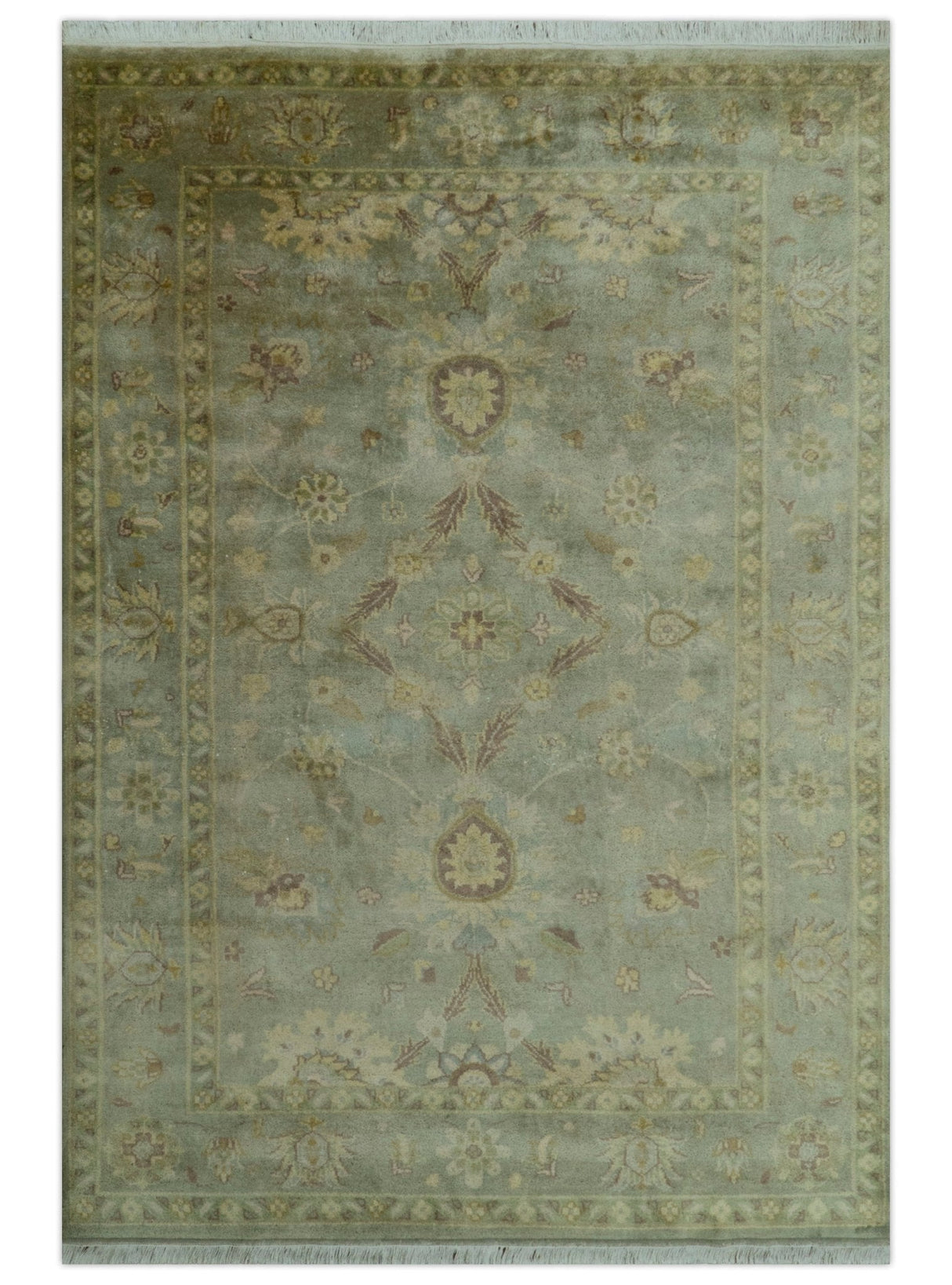 Traditional Oushak Design Antique Green And Brown 6x9 Hand Knotted Wool Rug