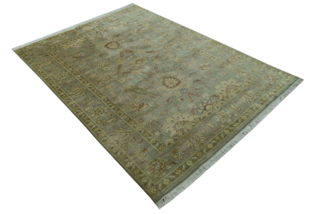 Traditional Oushak Design Antique Green And Brown 6x9 Hand Knotted Wool Rug