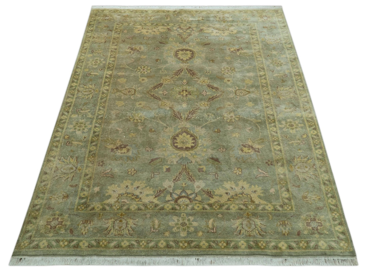 Traditional Oushak Design Antique Green And Brown 6x9 Hand Knotted Wool Rug