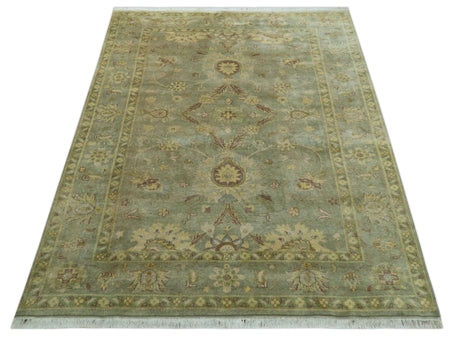 Traditional Oushak Design Antique Green And Brown 6x9 Hand Knotted Wool Rug