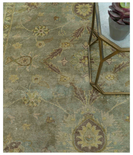 Traditional Oushak Design Antique Green And Brown 6x9 Hand Knotted Wool Rug