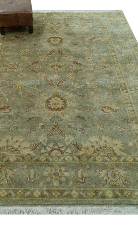Traditional Oushak Design Antique Green And Brown 6x9 Hand Knotted Wool Rug