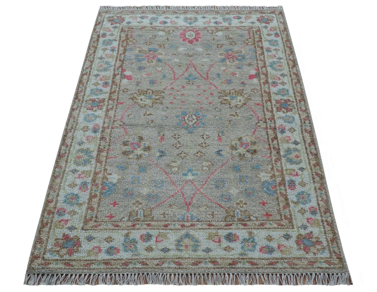 Traditional Oushak Design Beige And Blue 4x6 Hand knotted Wool Area Rug