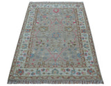 Traditional Oushak Design Beige And Blue 4x6 Hand knotted Wool Area Rug