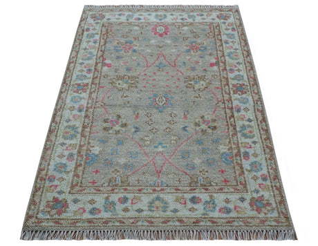 Traditional Oushak Design Beige And Blue 4x6 Hand knotted Wool Area Rug