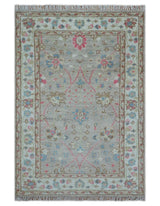 Traditional Oushak Design Beige And Blue 4x6 Hand knotted Wool Area Rug
