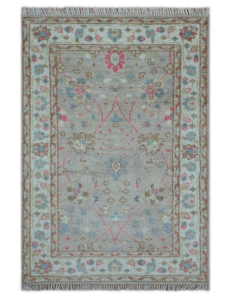 Traditional Oushak Design Beige And Blue 4x6 Hand knotted Wool Area Rug