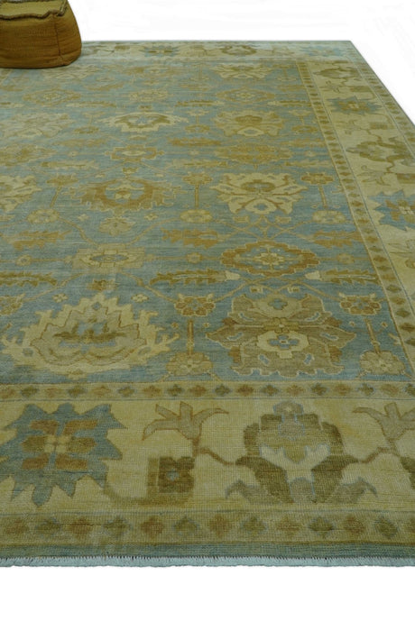 Traditional Oushak Design Beige and Blue Hand Knotted Wool Area Rug