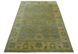 Traditional Oushak Design Beige and Blue Hand Knotted Wool Area Rug