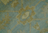 Traditional Oushak Design Beige and Blue Hand Knotted Wool Area Rug