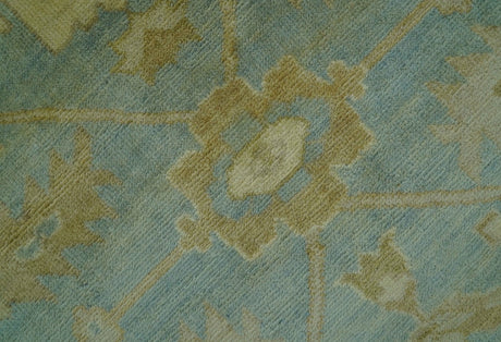 Traditional Oushak Design Beige and Blue Hand Knotted Wool Area Rug