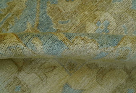 Traditional Oushak Design Beige and Blue Hand Knotted Wool Area Rug