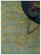 Traditional Oushak Design Beige and Blue Hand Knotted Wool Area Rug