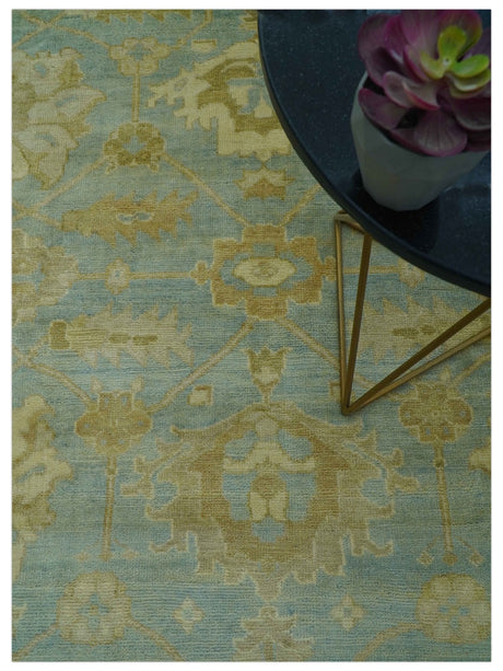 Traditional Oushak Design Beige and Blue Hand Knotted Wool Area Rug