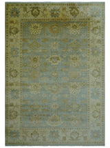 Traditional Oushak Design Beige and Blue Hand Knotted Wool Area Rug