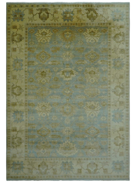 Traditional Oushak Design Beige and Blue Hand Knotted Wool Area Rug