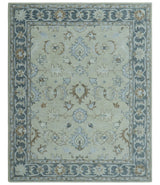 Traditional Oushak Design Beige And Blue Hand Tufted Custom Made Wool Rug