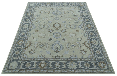 Traditional Oushak Design Beige, Blue And Silver 8x10 Hand Tufted Wool Area Rug