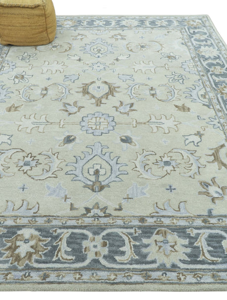 Traditional Oushak Design Beige, Blue And Silver 8x10 Hand Tufted Wool Area Rug