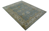 Traditional Oushak Design Blue And Beige 10x14 Hand Knotted Wool Rug