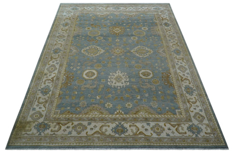 Traditional Oushak Design Blue And Beige 10x14 Hand Knotted Wool Rug