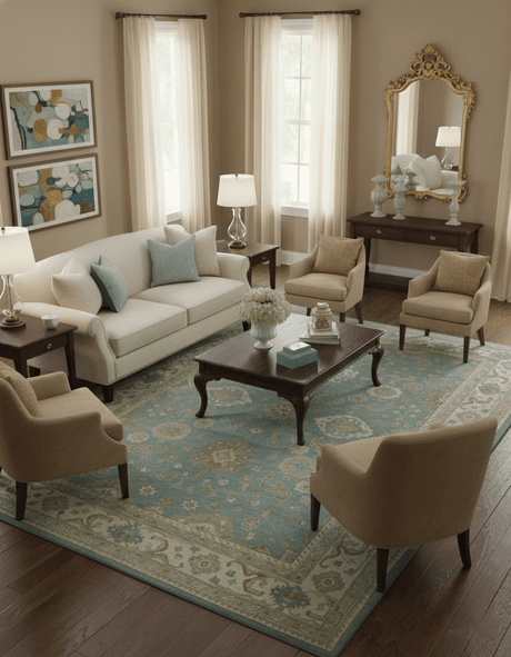 Traditional Oushak Design Blue And Beige 10x14 Hand Knotted Wool Rug