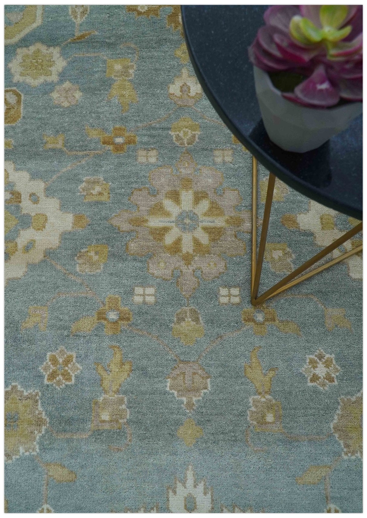 Traditional Oushak Design Blue And Beige 10x14 Hand Knotted Wool Rug