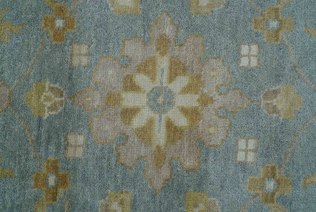 Traditional Oushak Design Blue And Beige 10x14 Hand Knotted Wool Rug