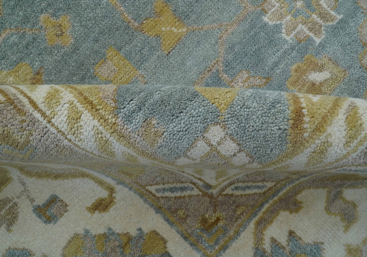 Traditional Oushak Design Blue And Beige 10x14 Hand Knotted Wool Rug