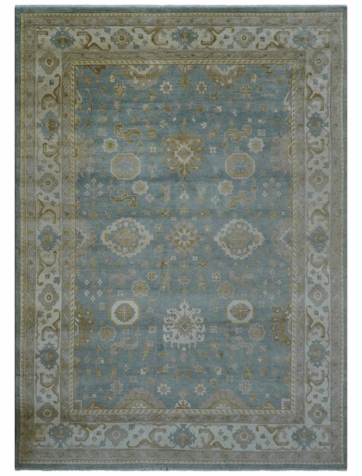 Traditional Oushak Design Blue And Beige 10x14 Hand Knotted Wool Rug
