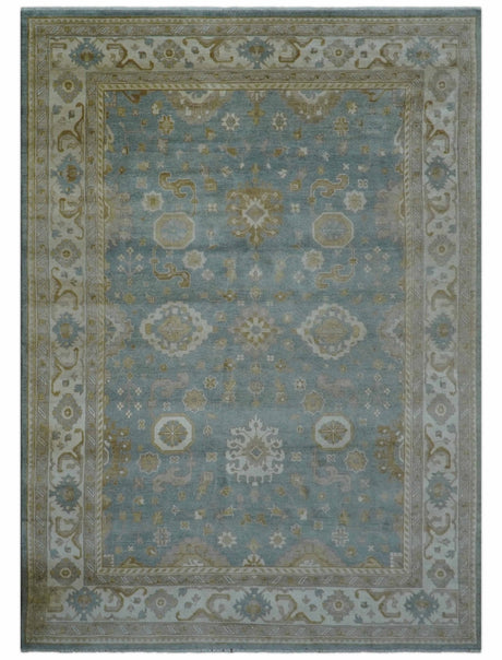 Traditional Oushak Design Blue And Beige 10x14 Hand Knotted Wool Rug