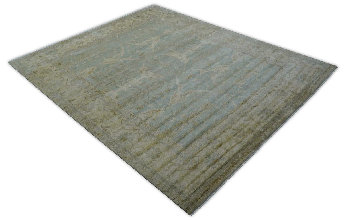 Traditional Oushak Design Blue And Beige 12x15 Hand Knotted Wool Rug