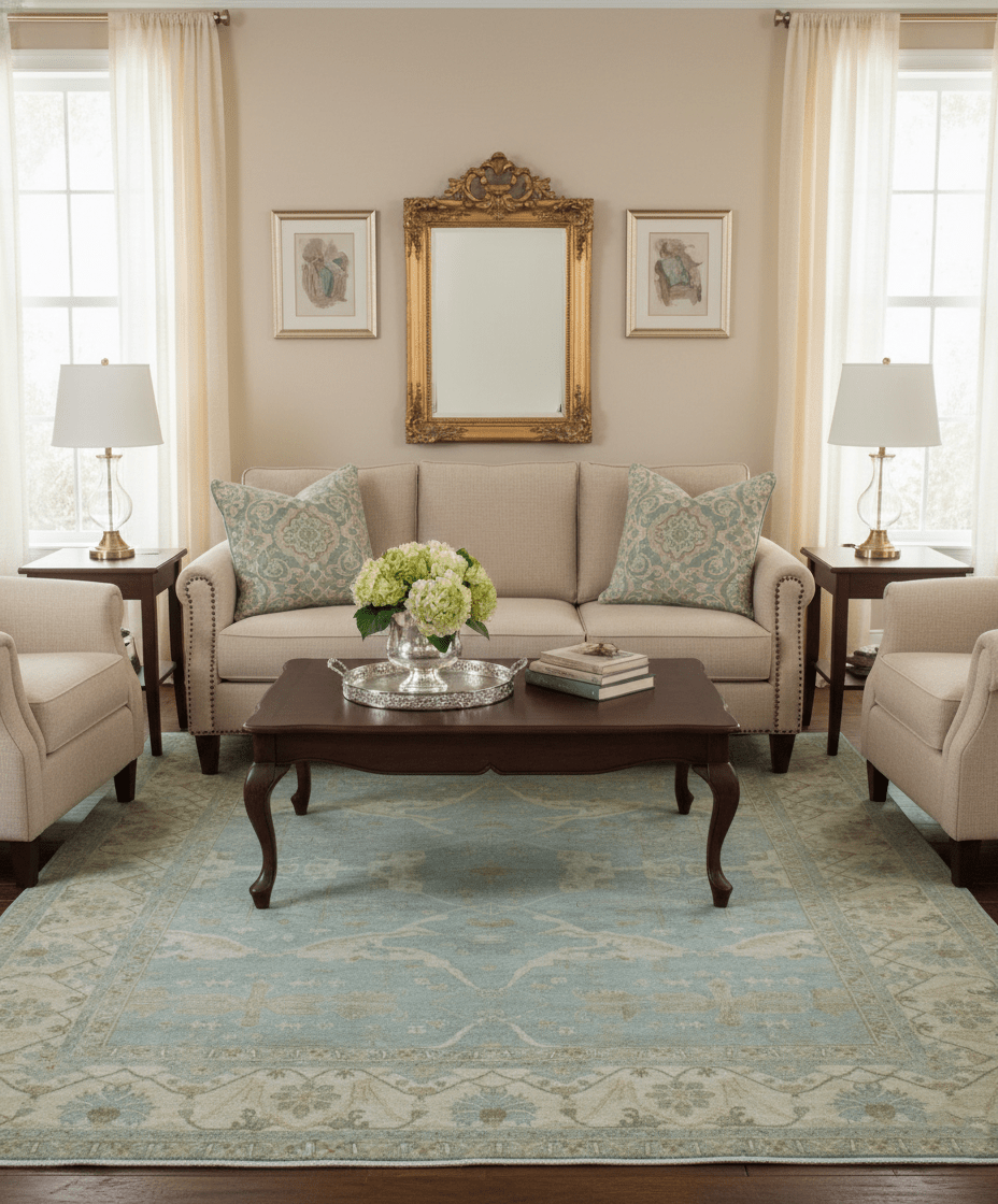Traditional Oushak Design Blue And Beige 12x15 Hand Knotted Wool Rug