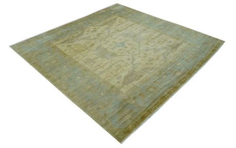 Traditional Oushak Design Blue And Beige Hand Knotted 10x10 Wool Area Rug
