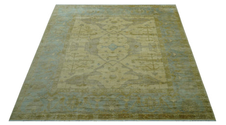 Traditional Oushak Design Blue And Beige Hand Knotted 10x10 Wool Area Rug