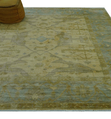 Traditional Oushak Design Blue And Beige Hand Knotted 10x10 Wool Area Rug