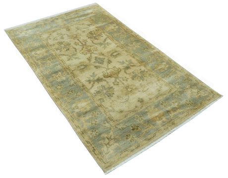 Traditional Oushak Design Blue And Beige Hand Knotted 3x5 Wool Area Rug